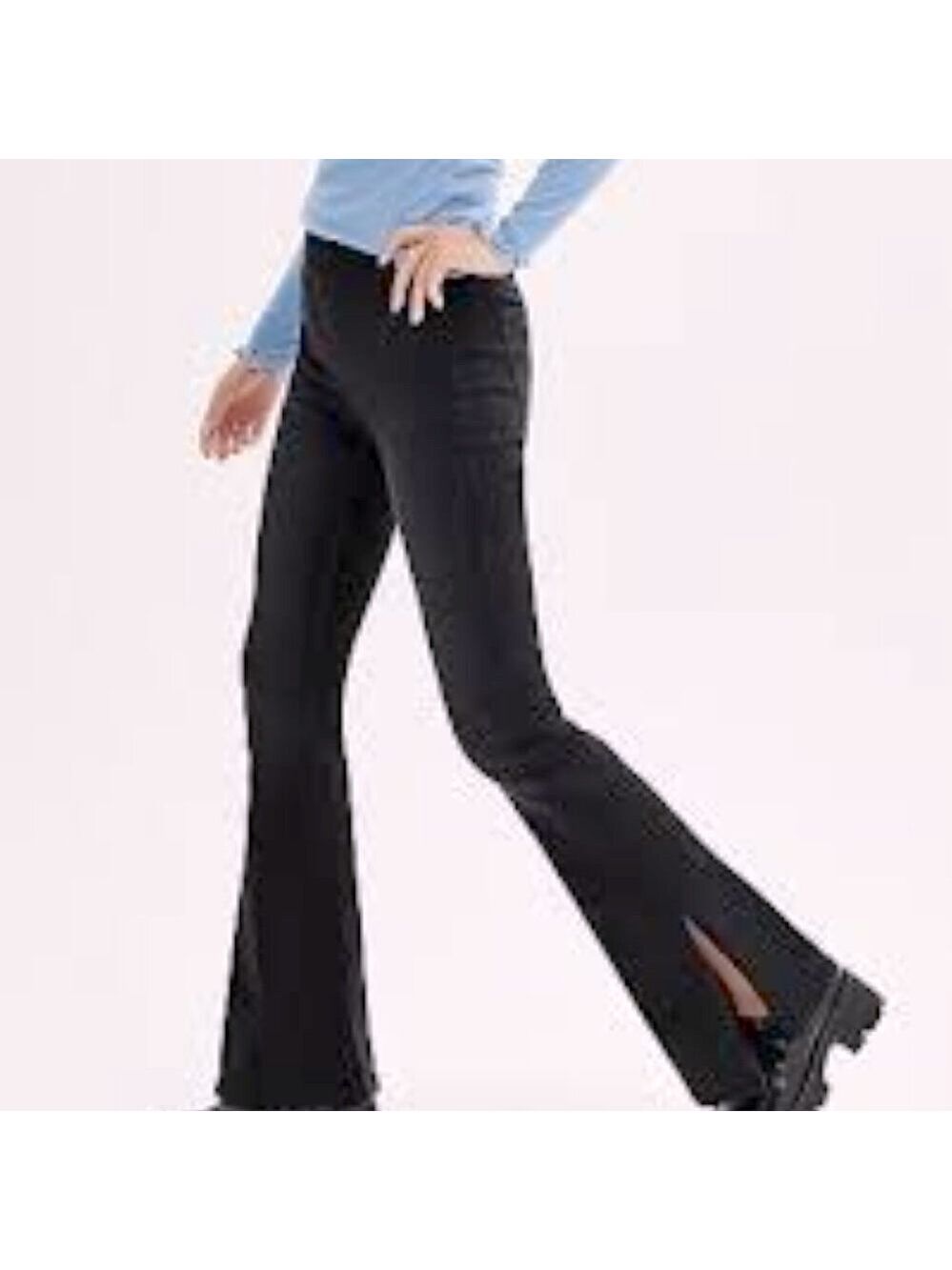 Jeans Skinny Flare Elastic Waist Pull On High Rise Stretch Denim Black 30 - Picture 11 of 11
